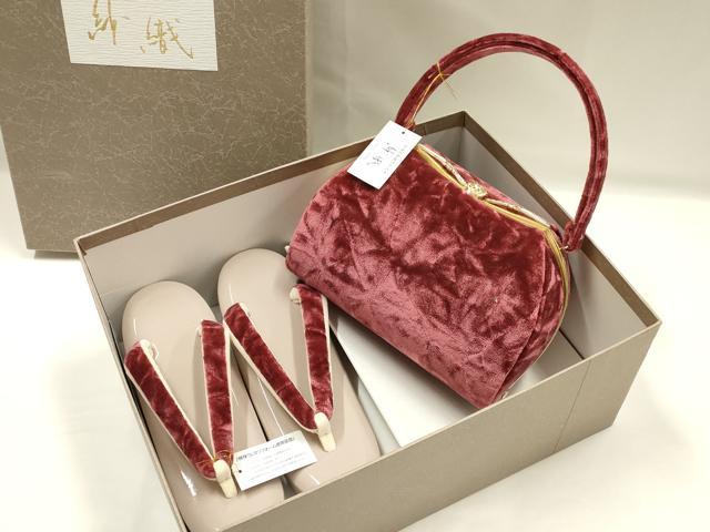 平和屋着物●和装小物　和装バッグ・草履セット　紗織　ハンドバッグ　ベルベット　逸品　未使用　AABJ7337ay