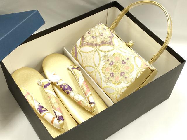 平和屋着物●和装小物　和装バッグ・草履セット　振袖用　ハンドバッグ　七宝花文　金糸　帯地使用　逸品　AABJ7343ay