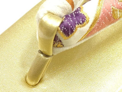 平和屋着物●和装小物　和装バッグ・草履セット　振袖用　ハンドバッグ　七宝花文　金糸　帯地使用　逸品　AABJ7343ay