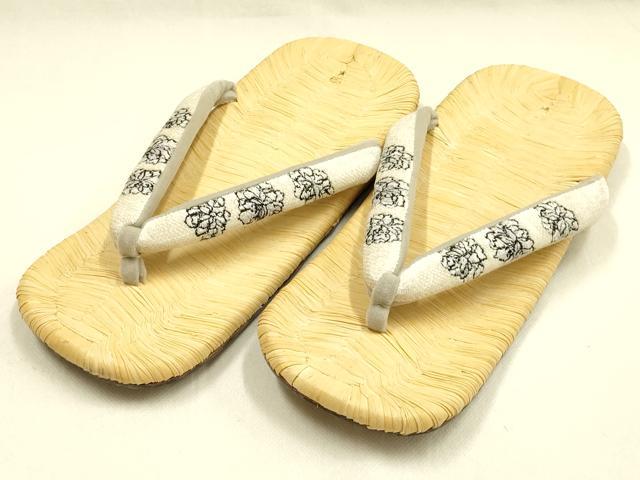 平和屋着物●男性　和装小物　伊と忠　雪駄　畳表　花緒:白　刺繍　花柄　本革底　逸品　AABJ7361ay