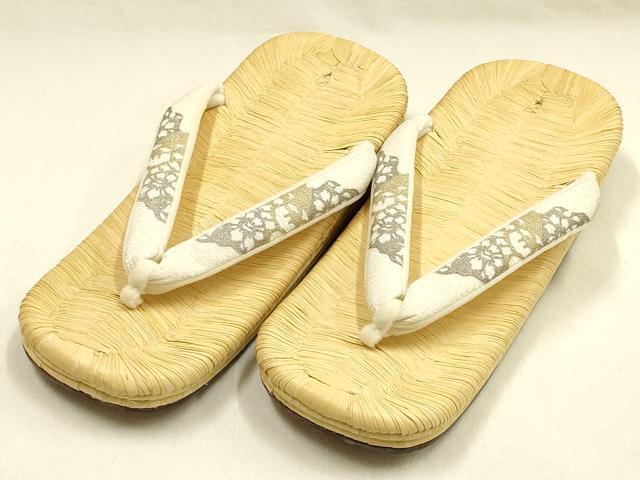 平和屋着物●男性　和装小物　伊と忠　雪駄　畳表　花緒:白　花柄　金銀糸　本革底　逸品　AABJ7363ay