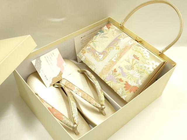 平和屋着物●和装小物　和装バッグ・草履セット　伊と忠　ハンドバッグ　金糸　帯地使用　Lサイズ　逸品　AABJ7383ay