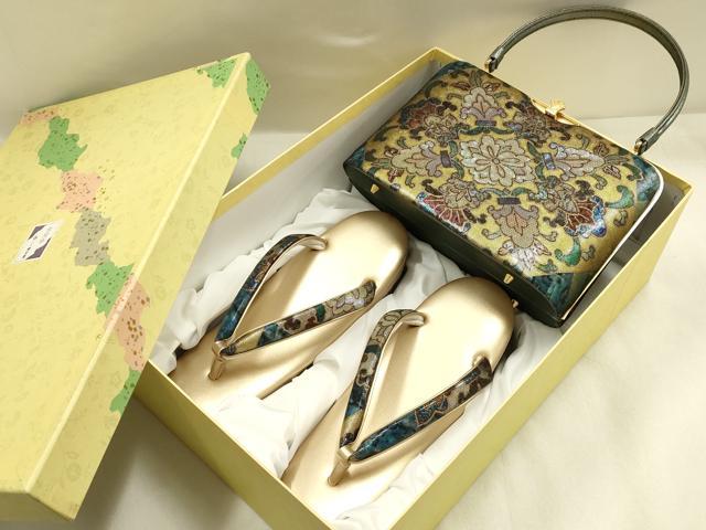 平和屋着物●和装小物　和装バッグ・草履セット　伊と忠　ハンドバッグ　螺鈿箔　帯地使用　逸品　AABJ7384ay