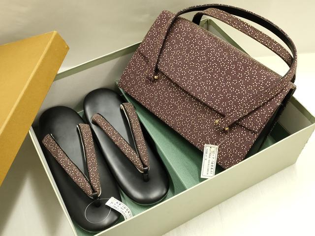 平和屋着物●和装小物　和装バッグ・草履セット　印伝　小花柄　逸品　未使用　AABJ7385ay