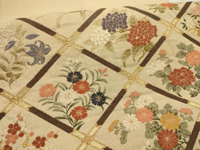 平和屋着物●綴れ　六通柄袋帯　唐織　花天井文　金糸　正絹　逸品　AABJ7405sx
