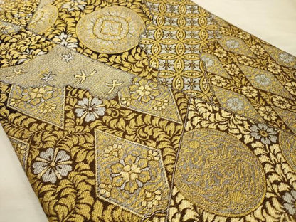 平和屋着物●六通柄袋帯　花鳥文　金銀糸　正絹　逸品　AABJ7409sx