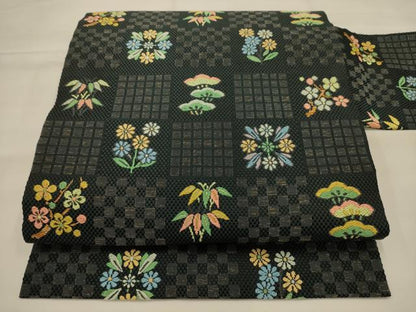 平和屋着物●西陣　川島織物　九寸名古屋帯　松竹梅市松花文　正絹　逸品　AABJ7411sx