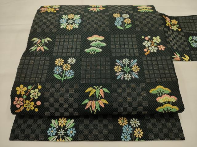 平和屋着物●西陣　川島織物　九寸名古屋帯　松竹梅市松花文　正絹　逸品　AABJ7411sx