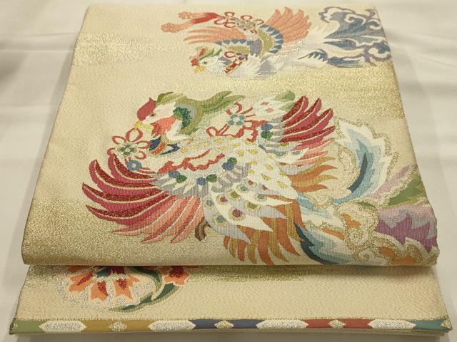 平和屋着物●手織綴れ　山鹿清華　太鼓柄袋帯　花鳥文　金銀糸　正絹　逸品　AABJ7415sx