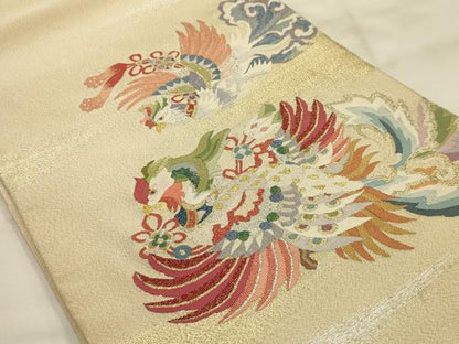 平和屋着物●手織綴れ　山鹿清華　太鼓柄袋帯　花鳥文　金銀糸　正絹　逸品　AABJ7415sx