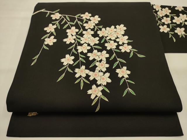 平和屋着物●塩瀬　両面　九寸名古屋帯　作家物　手描き　枝垂れ花文　黒地　金銀彩　正絹　逸品　AABJ7418sx