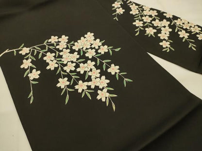 平和屋着物●塩瀬　両面　九寸名古屋帯　作家物　手描き　枝垂れ花文　黒地　金銀彩　正絹　逸品　AABJ7418sx
