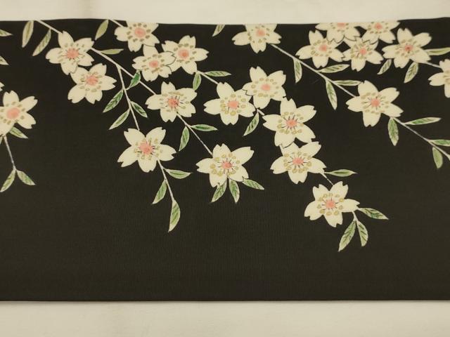 平和屋着物●塩瀬　両面　九寸名古屋帯　作家物　手描き　枝垂れ花文　黒地　金銀彩　正絹　逸品　AABJ7418sx