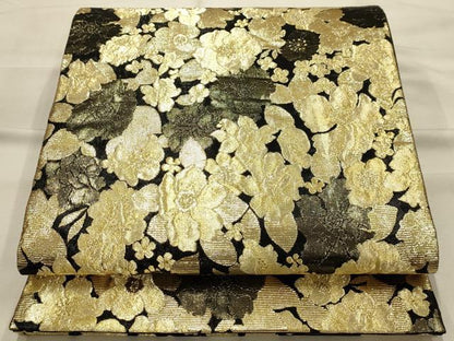 平和屋着物●六通柄袋帯　舞花文　黒地　金糸　正絹　逸品　AABJ7423sx