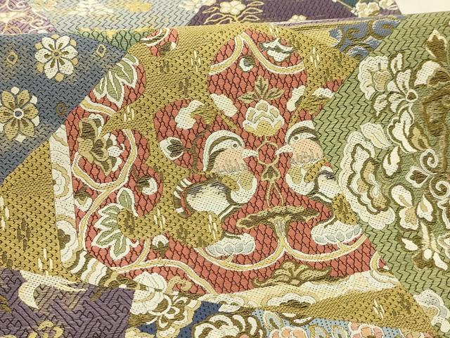 平和屋着物●全通柄袋帯　唐織　裂取花鳥文　冊子付　正絹　逸品　未使用　AABJ7472sx