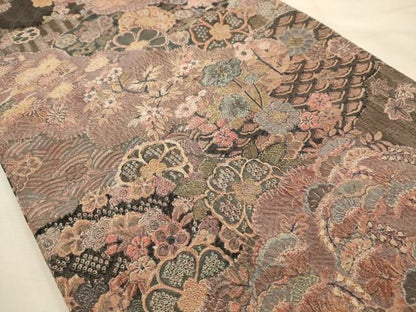 平和屋着物●山岡古都・古都染人　染織美術品　薬墨染　天目織　お召　全通柄袋帯　草花文　正絹　逸品　AABJ7475sx