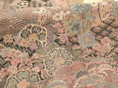 平和屋着物●山岡古都・古都染人　染織美術品　薬墨染　天目織　お召　全通柄袋帯　草花文　正絹　逸品　AABJ7475sx