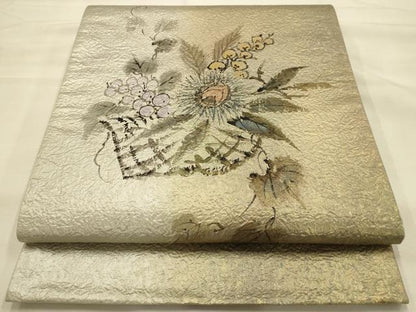 平和屋着物●友禅作家　高橋り明　太鼓柄袋帯　手描き　葡萄　栗　正絹　逸品　AABJ7479sx
