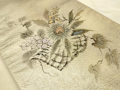 平和屋着物●友禅作家　高橋り明　太鼓柄袋帯　手描き　葡萄　栗　正絹　逸品　AABJ7479sx