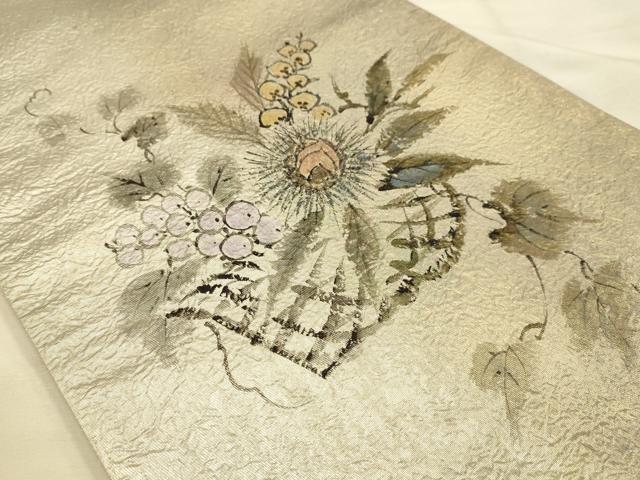 平和屋着物●友禅作家　高橋り明　太鼓柄袋帯　手描き　葡萄　栗　正絹　逸品　AABJ7479sx