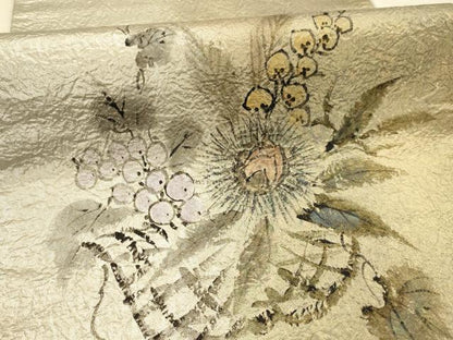 平和屋着物●友禅作家　高橋り明　太鼓柄袋帯　手描き　葡萄　栗　正絹　逸品　AABJ7479sx