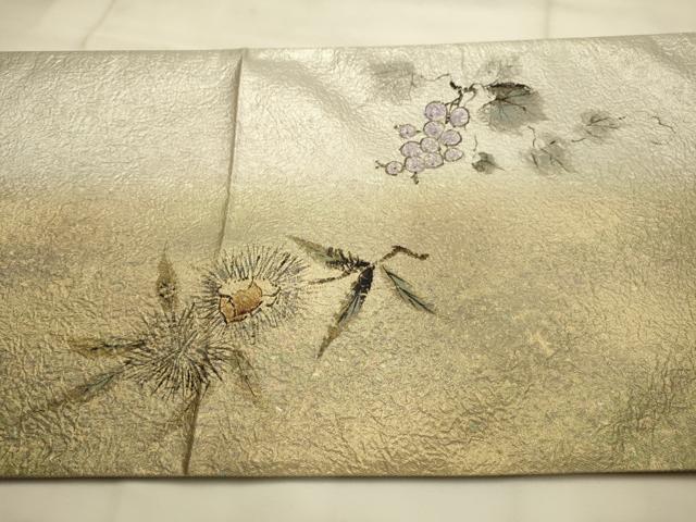 平和屋着物●友禅作家　高橋り明　太鼓柄袋帯　手描き　葡萄　栗　正絹　逸品　AABJ7479sx