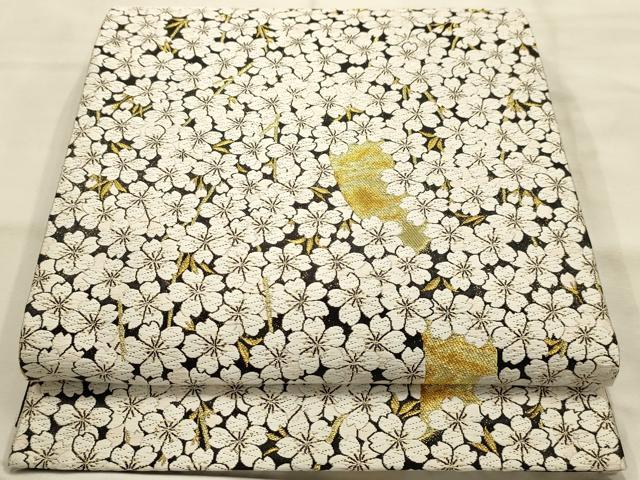 平和屋着物●六通柄袋帯　唐織　舞桜文　黒地　金糸　正絹　逸品　AABJ7489sx