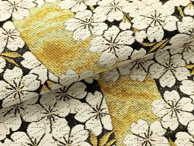 平和屋着物●六通柄袋帯　唐織　舞桜文　黒地　金糸　正絹　逸品　AABJ7489sx