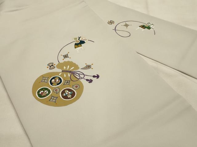 平和屋着物●塩瀬 九寸名古屋帯 作家物 手描き 兎 宝尽くし 正絹 逸品 AABJ7496sx