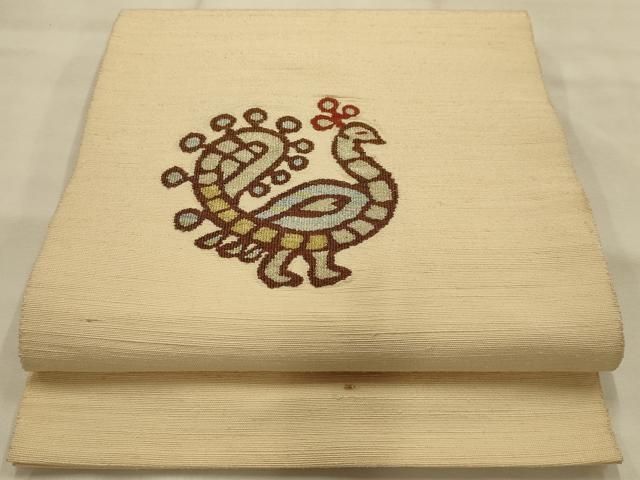 平和屋着物●八寸名古屋帯　紬地　孔雀　金銀糸　正絹　逸品　AABJ7497sx