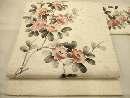 平和屋着物●九寸名古屋帯 作家物 手描き ひげ紬 椿 正絹 逸品 AABJ7499sx