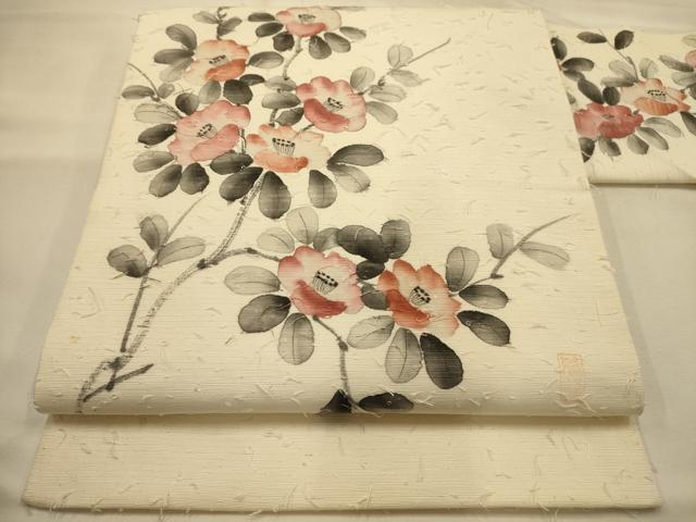 平和屋着物●九寸名古屋帯 作家物 手描き ひげ紬 椿 正絹 逸品 AABJ7499sx