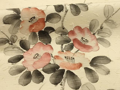平和屋着物●九寸名古屋帯 作家物 手描き ひげ紬 椿 正絹 逸品 AABJ7499sx
