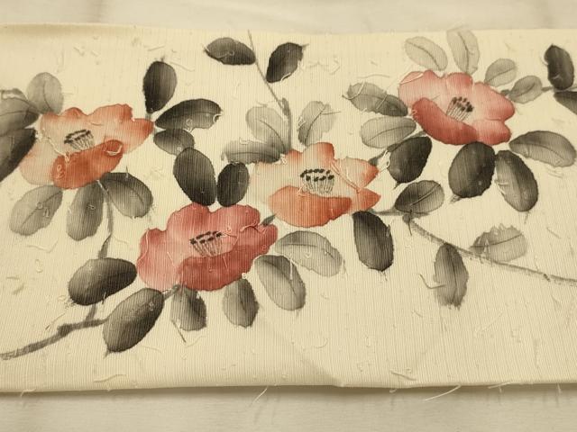 平和屋着物●九寸名古屋帯 作家物 手描き ひげ紬 椿 正絹 逸品 AABJ7499sx