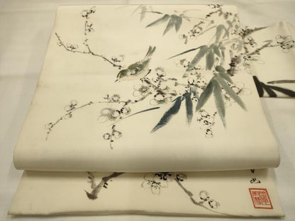 平和屋着物●九寸名古屋帯 作家物 手描き 花鳥文 正絹 逸品 AABJ7500sx