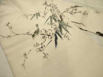 平和屋着物●九寸名古屋帯 作家物 手描き 花鳥文 正絹 逸品 AABJ7500sx