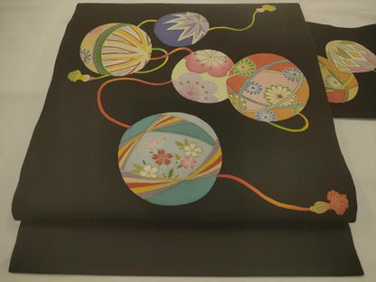 平和屋着物●塩瀬　九寸名古屋帯　鞠　黒地　金彩　正絹　逸品　AABJ7501sx