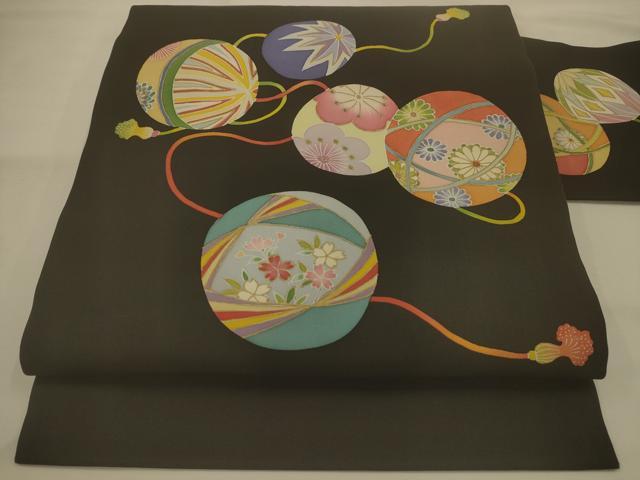 平和屋着物●塩瀬　九寸名古屋帯　鞠　黒地　金彩　正絹　逸品　AABJ7501sx