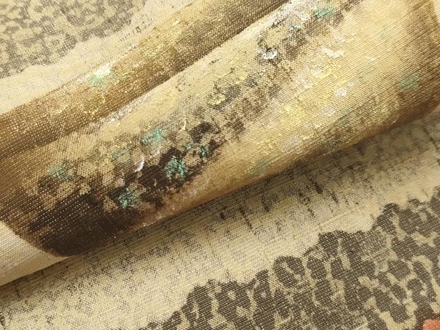 平和屋着物●九寸名古屋帯 作家物 紬地 陶器文 銀通し地 正絹 逸品 AABJ7502sx