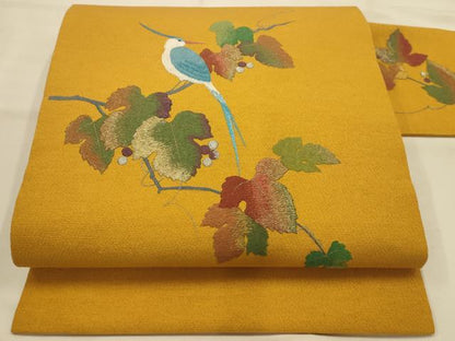 平和屋着物●九寸名古屋帯 総刺繍 葡萄蔦の葉文 休み鳥 金銀糸 正絹 逸品 AABJ7503sx