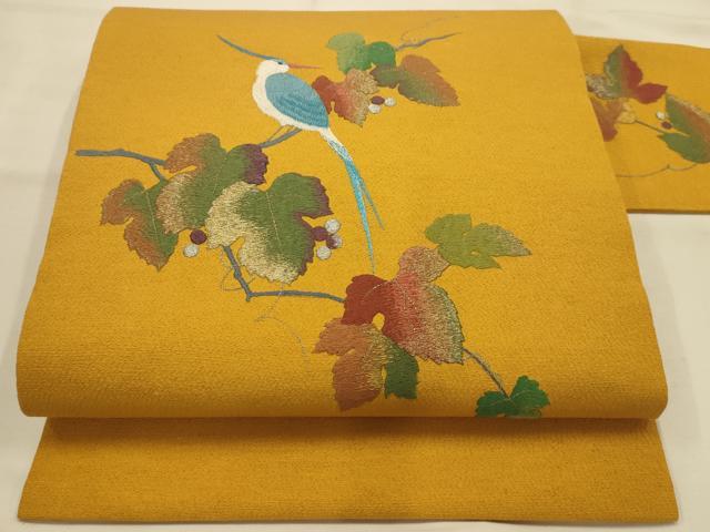平和屋着物●九寸名古屋帯 総刺繍 葡萄蔦の葉文 休み鳥 金銀糸 正絹 逸品 AABJ7503sx