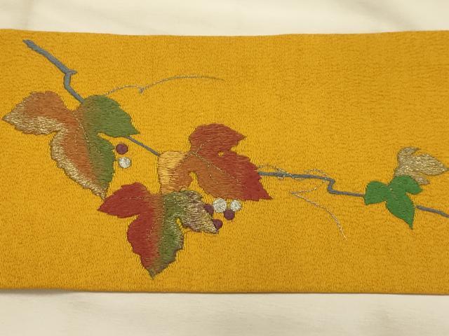 平和屋着物●九寸名古屋帯 総刺繍 葡萄蔦の葉文 休み鳥 金銀糸 正絹 逸品 AABJ7503sx