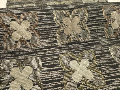 平和屋着物●全通柄袋帯　横段花文　黒地　銀糸　正絹　逸品　AABJ7510sx