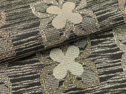 平和屋着物●全通柄袋帯　横段花文　黒地　銀糸　正絹　逸品　AABJ7510sx