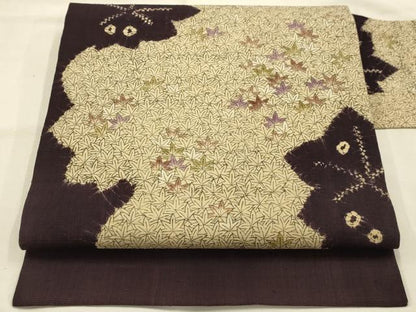 平和屋着物●九寸名古屋帯 絞り 楓 生紬 正絹 逸品 AABJ7511sx