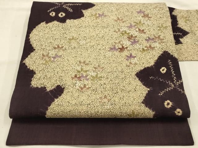 平和屋着物●九寸名古屋帯 絞り 楓 生紬 正絹 逸品 AABJ7511sx