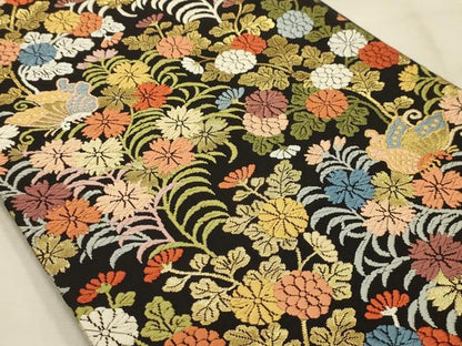 平和屋着物●六通柄袋帯　唐織　花蝶文　黒地　金糸　正絹　逸品　AABJ7512sx