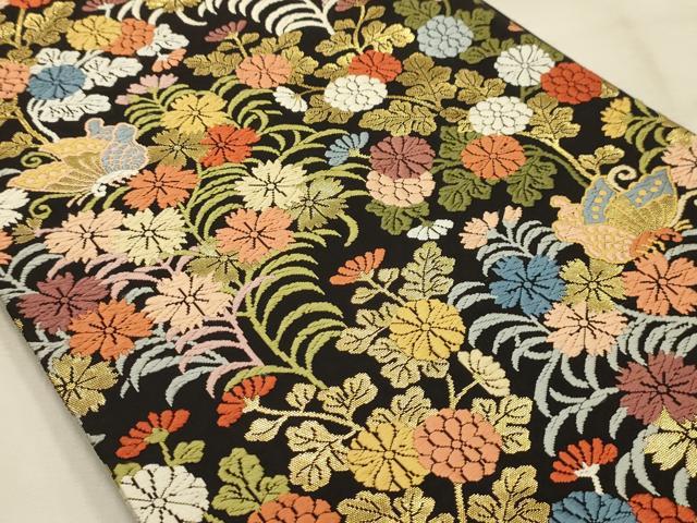 平和屋着物●六通柄袋帯　唐織　花蝶文　黒地　金糸　正絹　逸品　AABJ7512sx