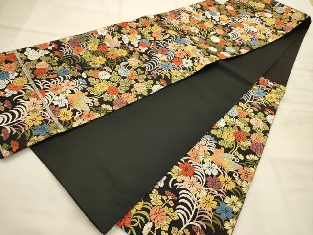 平和屋着物●六通柄袋帯　唐織　花蝶文　黒地　金糸　正絹　逸品　AABJ7512sx