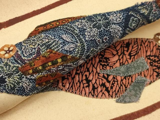 平和屋着物●塩瀬 九寸名古屋帯 パッチワーク 魚 正絹 逸品 AABJ7513sx